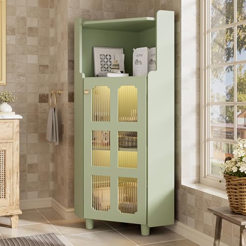 boorbin Armario esquinero de 63,5 x 124 cm, con superficie lacada e iluminación LED, moderna esquina con control de aplicación, para salón, estantería, cuarto de baño (verde)