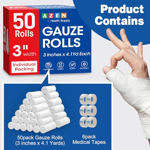 AZEN 50 Pack Gauze Rolls Bandages, 3 in x 4.1 Yards, Premium Medical Supplies & First Aid Supplies, Bandage Wrap Vet Wrap - Image 3