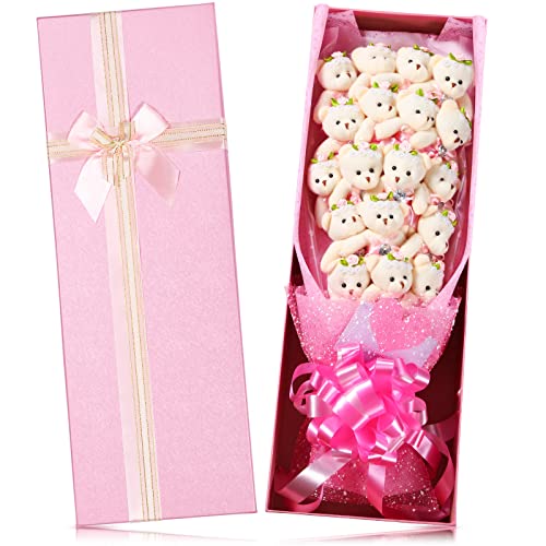 Image of Jexine Cute Graduation Plush Bear Flowers Bouquet, Including 18 Pcs Long Stemmed Plush Bear with Diamond and Gift Box for Wedding Anniversary Birthday Party Gifts(Pink)