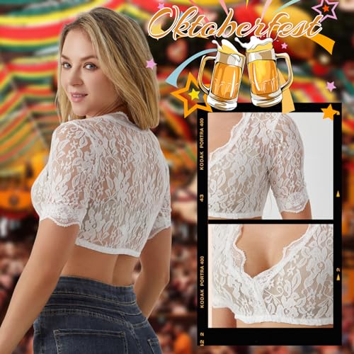 Mukum Women German Dirndl Blouse Bavarian Oktoberfest Costume White V-neck Lace Crop Tops for Women Beer Festival XX-Large - Thumbnail 3