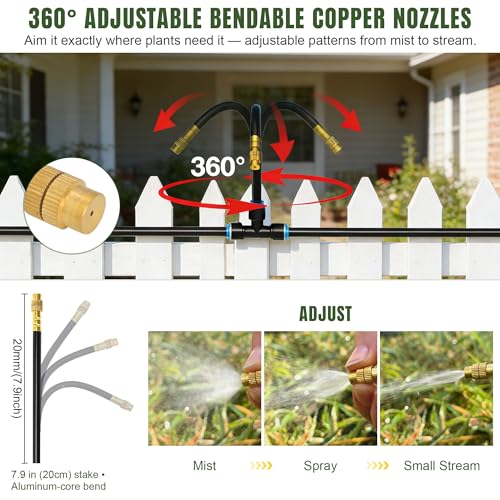 Image of 66FT Drip Irrigation System Kit Dual-Zone Garden Atomizing Watering System with 20 Copper 360 Adjustable Bendable Nozzles, Y-Splitter, Leak-Proof 1 /4 inch Misting System for Garden Greenhouse Raised Beds