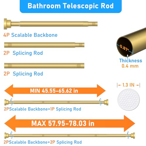 Image of MEXAU 2 Pack Tension Curtain Rod For Window 45-77 Inches Adjustable Expandable Gold Spring Tension Rod Spring Curtain Rods No Drilling Extension Rods Tension Rod for Closet Doorway Kitchen