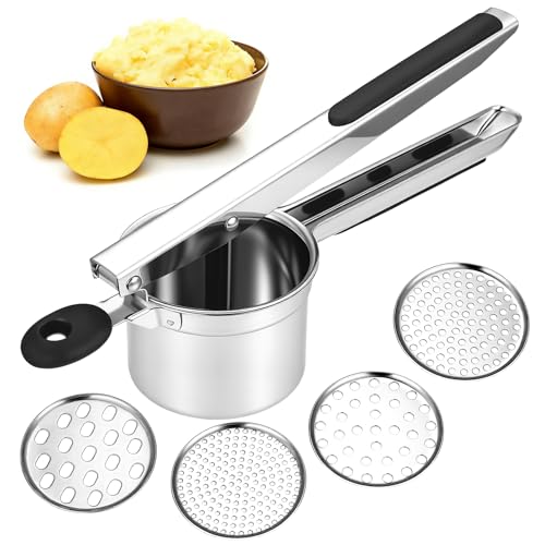 1 Pcs Machacador de Patatas, Pasapures Acero Inoxidable, Prensa Patatas, Prensador de papas de acero inoxidable para papas, frutas y puré de verduras, con 3 discos reemplazables