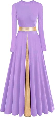 Womens Praise Dance Dress Metallic Waistband Long Swing Liturgical Worship Church Robe Dress Lyrical Dancewear