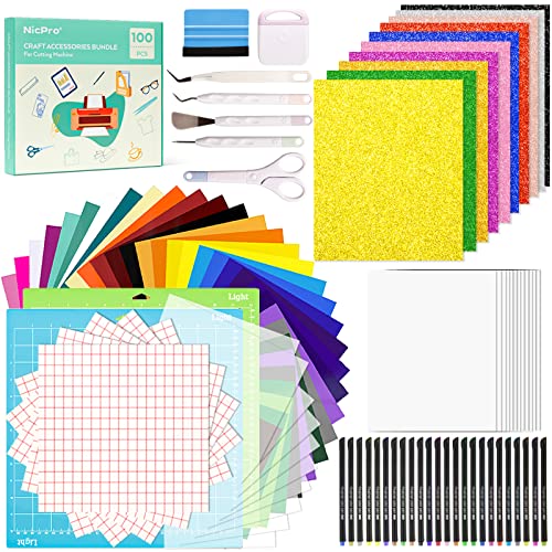 Nicpro 100PCS Accessories Bundle for Cricut Maker and All Explore Air, Ultimate Tools and Accessories Kit for Beginner with Adhesive Vinyl Sheet, Weeding Tool, Cricut Starter Kit for Crafting Project