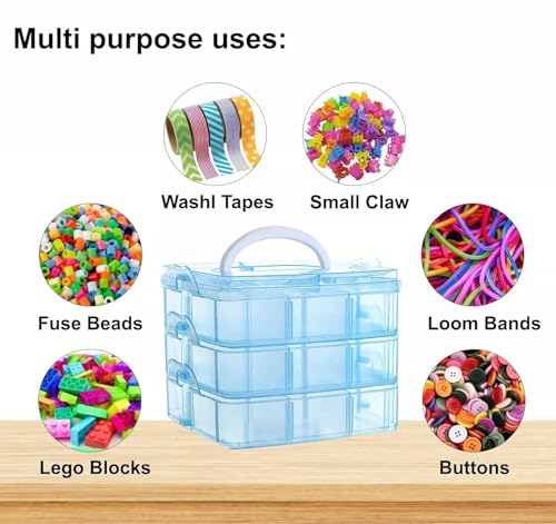 Image of UCRAVO Blue Plastic Storage Box 3-Tier 18 Grid Stackable Storage Containers with lids Adjustable Compartments for Craft Organizers Storage for Jewelry, beads,beauty,makeup & sewing supplies