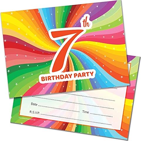 Olivia Samuel 20 x 7th Birthday Party Invitations. Children's Bright Unisex Style. Multipack of 20 Invites with Envelopes Cover