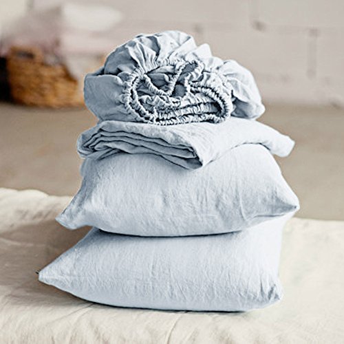 Lausonhouse Linen Bedding Sheet Set,100% French Linen Sheet Set,Deep Pocket,4 Pieces- Queen- Light Blue