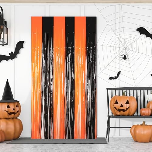 Horuili® 4 Stück Halloween-Fransen Vorhang, Folien-Fransen Hintergrundvorhang, Schwarz und Orange Folien- Fransenvorhänge, Halloween-Party, Dekoration, 1m x 2m