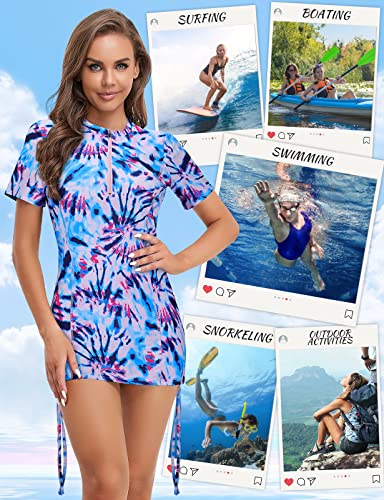 Luranee Swimming Tops For Women,Rash Guard Short Sleeve,Half-Zip Sun Protection Swimsuits Bathing Suit Spf Swim Shirts Rash Gaurd Swimsuit Side Adjustable Tie Dye Small thumb #3