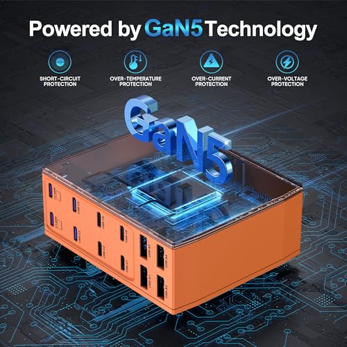 Image of 500W USB C Charger Block, 12-Port USB C Charging Station for Multiple Devices, Leather Texture Dual PD 65W Laptop Fast Charger Compatible with MacBook Pro /Air, iPad, iPhone,Galaxy and More,Orange