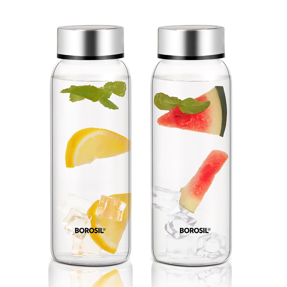 Borosil Crysto Wide Mouth Glass Water Bottle with Stainless Steel Lid | 750ml, Borosilicate Glass, Leakproof, Easy to Carry, Fridge & Dishwasher Safe | Can Use For, Lassi, Juice, Smoothies (2 Pc Set)