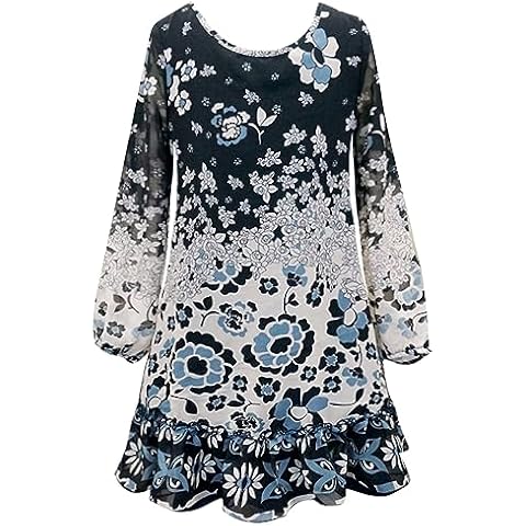Truly Me Tween Girls 7-16 Blue/Beige Floral Border Print Chiffon Long-Sleeve Shift Dress, Blue,14 Cover