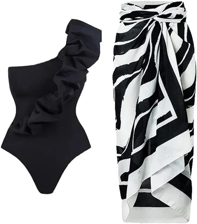 Women's Swimsuit Bodysuit Sleeveless Floral Print Bikini One Piece Swimsuit and Sarong Wrap Skirt Bathing Suit, 2pcs/3pcs Set