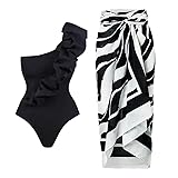 IBAKOM Three Pieces Swimsuits for Women with Matching Wrap Skirt Swim Top Tummy Control Bikin Bottom Mesh Sheer Cover Ups Black Ruffle (2pcs) Medium