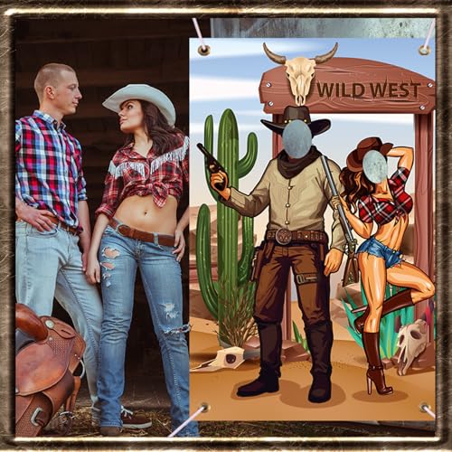 Image of Tudomro 73 x 47 Inch Western Cowboy Backdrop Party Decorations Wild West Large Photo Booth Props Background Door Banner Cowboy Themed Funny Games Supplies for Birthday Party Men