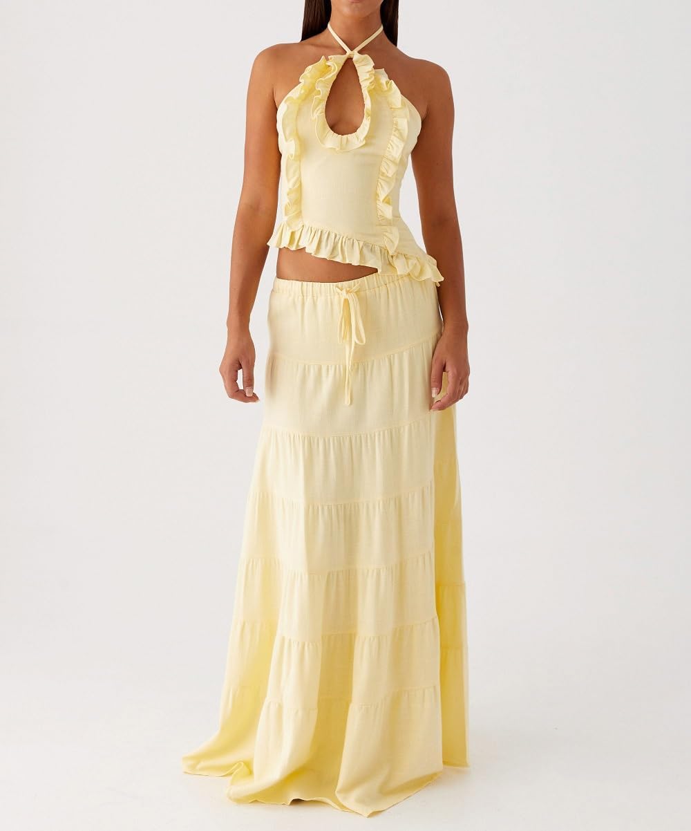 Y2k Ruffle Long Skirt Sets for Women 2 Piece Outfits Summer Ruched Backless Cami Top Matching Boho Maxi Skirt Set - Image 6