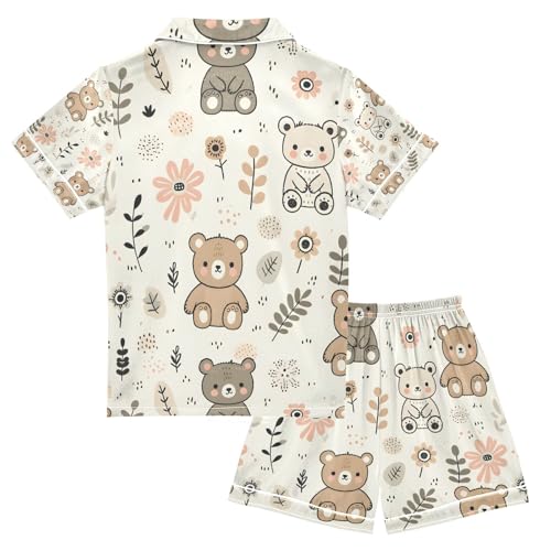 senya Lovely Bear Flowers Satin Summer Pajama Sets Silk Short Sleeve Button Down Sleepwear2