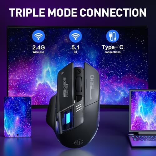 INPHIC A9 V2 Explorer Wireless Mouse, Tri-Mode 2.4G/Type-C Wired/Bluetooth Gaming Mouse, Rechargeable, 12800 DPI, RGB Light, Visible Battery Indicator, for Laptop/PC/Computer - 1