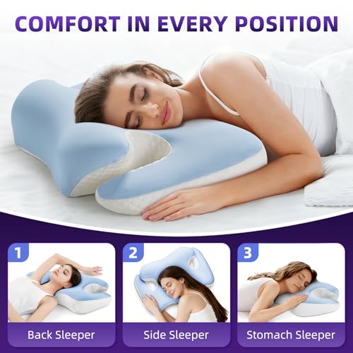 Image of Ergo Cervical Pillow for Neck and Shoulder Pain Relief,Cooling Orthopedic Contour Memory Foam Pillows,Side Sleeper Pillows for Neck Support,King Size Bed Pillows for Back Stomach Sleepers(Baby Blue)