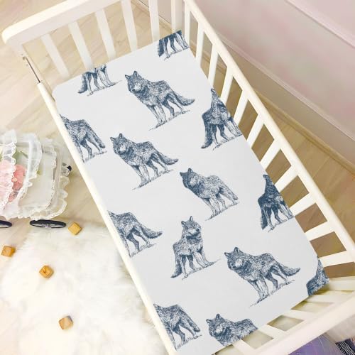 Image of Vintage Forest Wolf Crib Sheets Soft Breathable Fitted Baby Crib Sheets Mattress Cover for Girls Boys, 52 inch x 28 inch x 9 inch