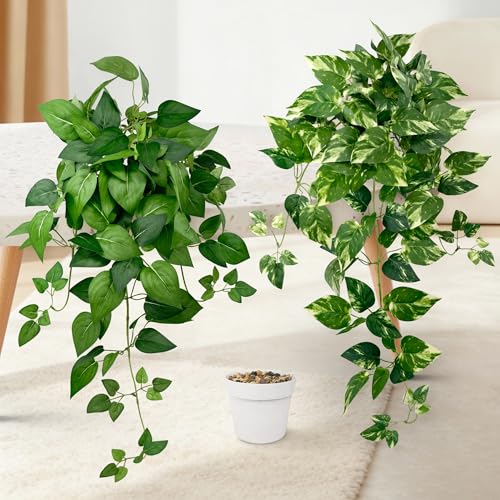 VUAHAUL Artificial Hanging Plants with White Pots (2 Green and Yellow Green 23.6)