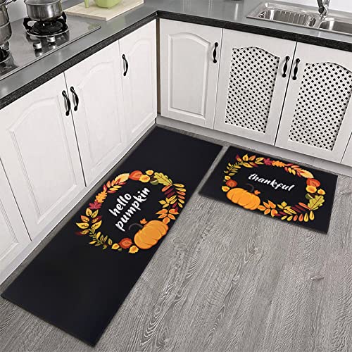 Fuoxowk Thanksgiving Decor Kitchen Mat And Rug Set-Pumpkin Kitchen Rugs And Mats Non Skid Washable,Floor Cushion Waterproof Rug,Rubber Backed Area Rugs For Kitchen Sink,Laundry Room,Indoor Floor,Black #TOP1