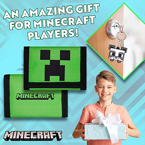 Minecraft Portfel chłopięcy z przegródkami na karty i kieszenią na monety z zamkiem błyskawicznym - breloki Creeper dla dzieci akcesoria dla graczy, zestaw upominkowy - prezenty dla graczy
