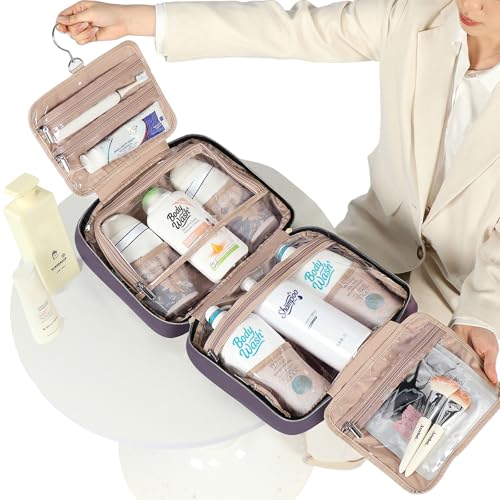 Image of NISHEL Travel Toiletry Bag for women, Portable Hanging Organizer for Family-Sized Shampoo, Conditioner, Brushes Set, Makeup Accessories, Extra Large Size, Purple