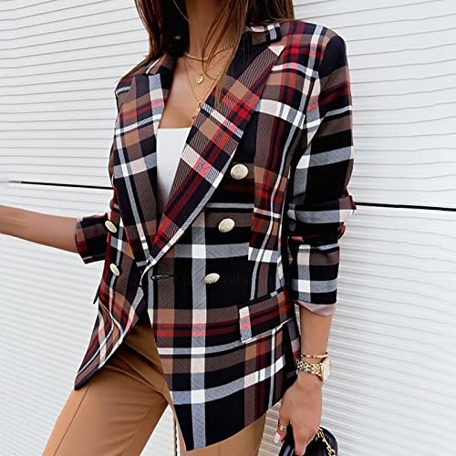 Kinrui Plaid Blazer Jacket For Women Business Casual Long Sleeve Cardigan Top Buttons Down Jacket Coat #TOP1