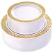 WDF 102pcs Gold Plastic Plates -White with Hammered Design Disposable Wedding Party Plastic Plates Include 51 Plastic Dinner Plates 10.25inch,51 Salad/Dessert Plates 7.5inch