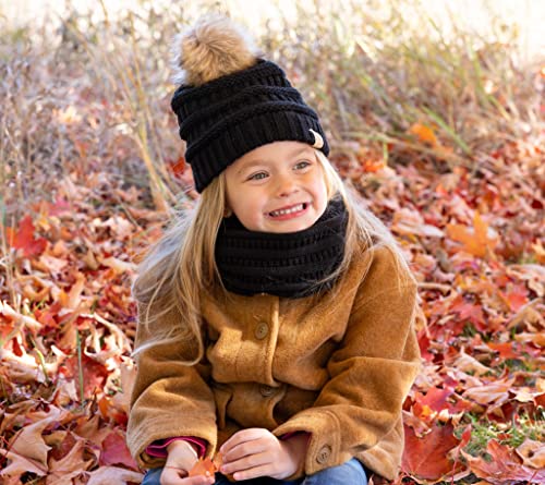 Image of Funky Junque Kids Winter Fleece Lined Neck Warmer Ribbed Knit Pom Pom Winter Beanie Bundle Cold Weather Gaiter Toddler