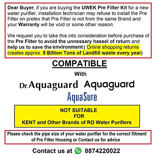Image of UWEK Pre Filter Housing Kit for Removal of Rust /Sand /Dust, Heavy Duty PP Spun Filter Compatible with Dr. Aquaguard, Aquaguard and AquaSure Brands of Eureka Forbes RO /UV Water Purifier