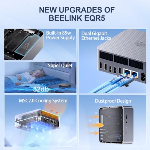 Image of Beelink EQR5 Mini PC AMD Ryzen 5 5825U, 16GB DDR4 500GB PCIe3.0 SSD, Mini Computer Support WiFi 6 / BT5.2 / Dual HDMI /Built-in Power Supply, Home Office Desktop Computer