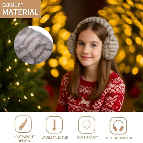 Cat Pattern Kids Ear Muffs for Women Girls Faux Fur Cute Furry Ear Warmers Boys Winter Foldable Ear Covers for Cold Weather2