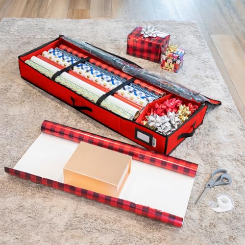 HOLDN’ STORAGE Premium Wrapping Paper Storage Container - Durable 600D Tear-Proof, Fits 27 Rolls Gift Wrap, Extra Pockets for Ribbons & Bows, Underbed Storage - Ideal for Holiday Christmas, Red by HOLDN’ STORAGE - Image 2