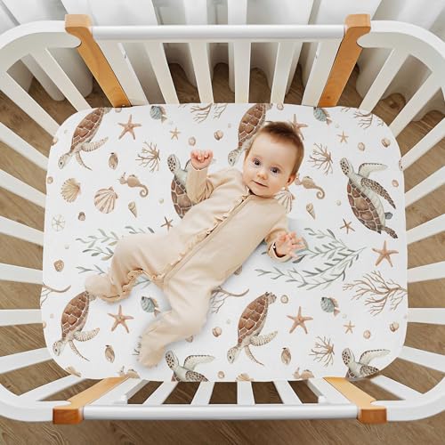 Image of Burbuja Ocean Turtle Crib Sheet for Boys Girls, Fitted Crib Sheet 28 x 52 in for Standard Crib & Toddler Bed Mattresses, Soft & Breathable
