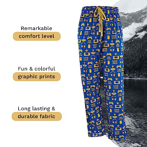 Wide Leg Men's Lounge Pants, Comfy Men's PJ Pants, Lightweight Jersey Fabric Pajama Pants with Fun Graphic Prints, Elastic Waistband, and Side Pockets (Gamer Print, Blue, X-Large)3