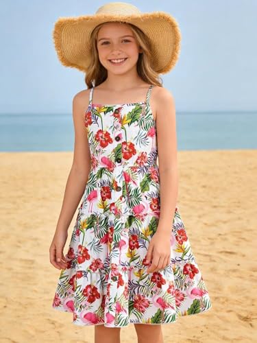 Image of Enlifety Girls Dress Hawaiian Spaghetti Straps Dresses Summer Sundress Size 6 12T