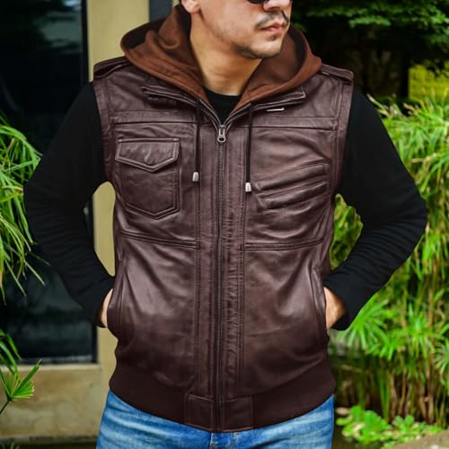 Image of Jild Hooded 2.0 Leather Jacket Men - Genuine Lambskin Leather Bomber Jacket with Removable Hood for Mens Fashion