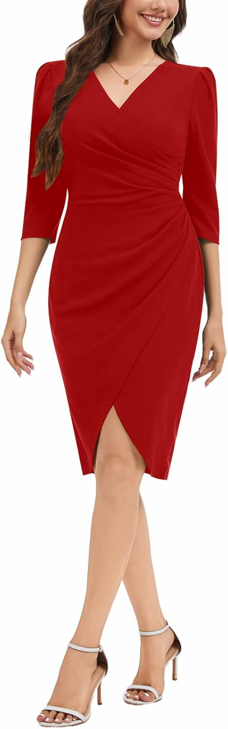 Women's V Neck Ruched Bodycon Cocktail Club Party Night Out Dress with 3/4 Sleeves