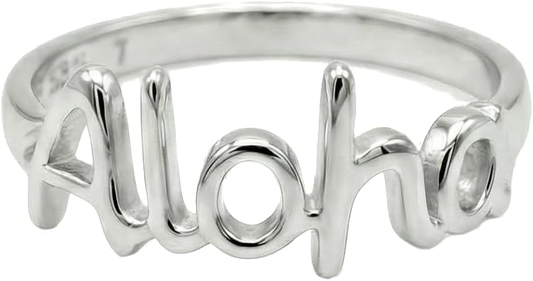 925 Sterling Silver Hawaiian Ring, "Aloha Hawaii" Graffiti Script Wedding Band, Nickel Free Hypoallergenic for Sensitive Skin, Gift Box Included