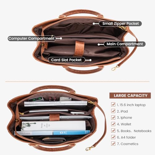 Image of LOVEVOOK Laptop Bag for Women 15.6 Inch Tote Bags Waterproof Leather Briefcase Computer Women Business Office Work Bag,Vintage Brown