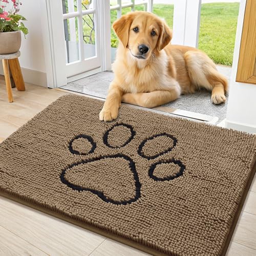 Smiry Dog Door Mat for Muddy Paws, Absorbent Dirt Trapper Non Slip Quick Dry Washable Chenille Mat for Mud Dogs, Entry Rug for Indoor and Outdoor (36x24 Inches, Camel)