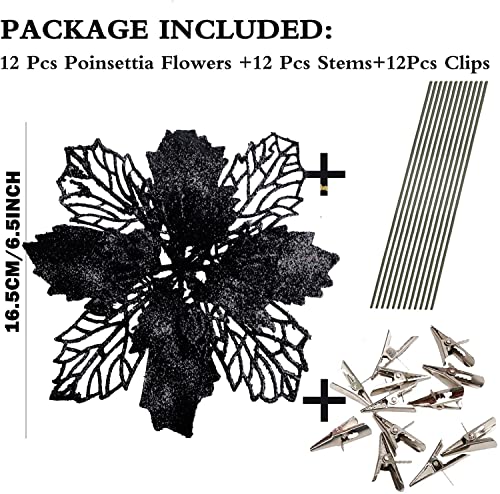 Wereves 12 Pcs Black Glitter Artificial Poinsettia Flowers With Clips And Stems, 5.9 Inch Artificial Flowers Christmas Flowers Christmas Wreath Garland Christmas Tree Ornaments #TOP1