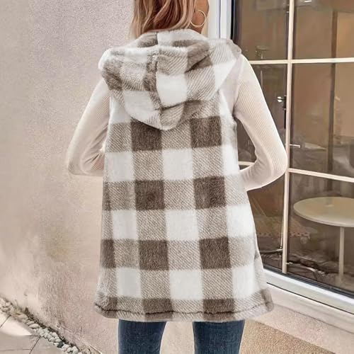 Fleece Sweater Vest Women Casual Sleeveless Sherpa Jacket Flannel Plaid Fuzzy Cardigan Warm Fall Winter Hooded Outerwear3