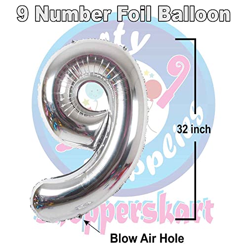Image of Silver 32 Inches 9 Numbers Shape Large Big Foil Helium Balloons For Party Decorations In Happy Birthday Anniversary Office Items Materials Set Pack, 1 Piece