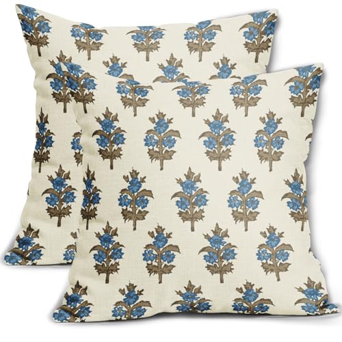 sorfbliss Brown Blue Floral Pillow Covers 18x18 Set of 2 Spring Flower Leaves Print Decorative Throw Pillow Cases Outdoor Farmhouse Decoration for Sofa Couch Bed
