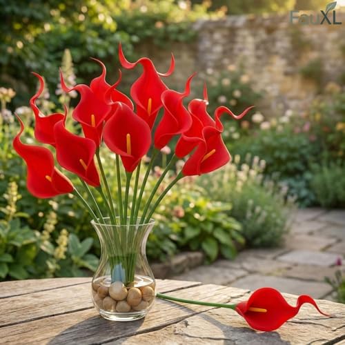 Image of 10 Pcs Artificial Calla Lily Flowers Bunch for Vase and Flower Pots- Premium Real-Look Faux Lily Stems for Home Decor, Living Room, Bedroom, Office Decoration (Vase not Included) (Red)