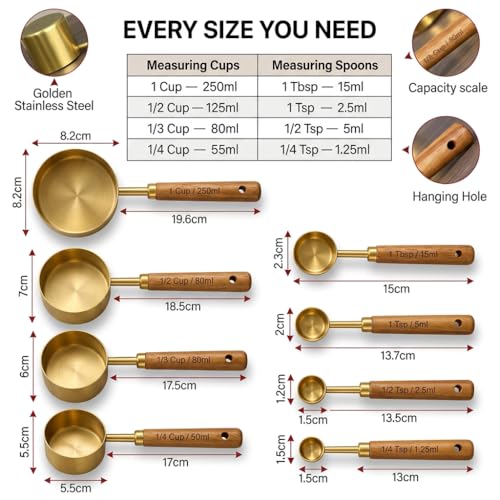 Image of Gold Stainless Steel Measuring Cups and Spoon Set | Wooden Handle Measuring Spoon Scoop Set | Measuring Cups and Spoons Set | Baking Utensils